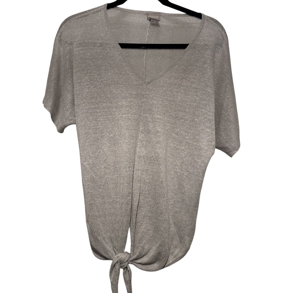 Chico’s Metallic Silver Tie Front Sweater Top Size 0 (US 4)  NWT